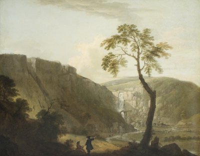 Eine felsige Landschaft mit einem Wasserfall und einem sitzenden Künstler im Vordergrund von Jacob More