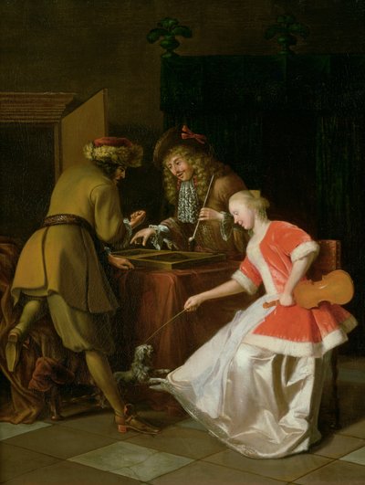 Tric-Trac-Spieler mit einer Dame und ihrem Hund von Jacob Lucasz Ochtervelt