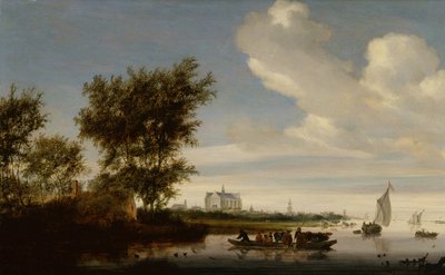 Eine entfernte Ansicht von Alkmaar mit Bauern und Vieh auf einer Fähre von Jacob Salomonsz. Ruysdael