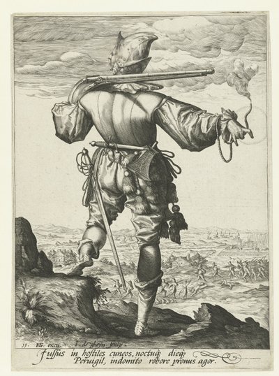 Musketier (Hakenbüchsen-Schütze?) mit Helm von Jacob de Gheyn (II)