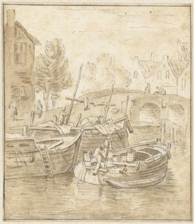Schiffe bei einer Brücke in einer Stadt von Jacob de Vos