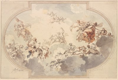 Viele Genien und Bacchanten schweben in Wolken von Jacob de Wit