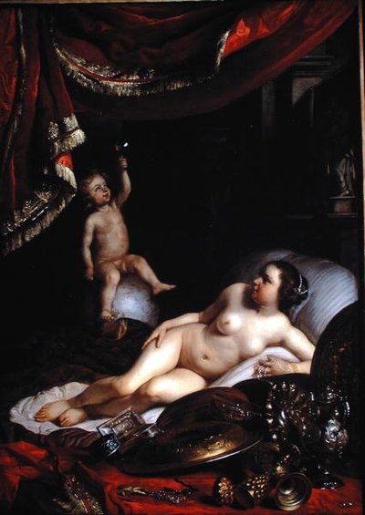 Eine allegorische Vanitas mit Homo Bulla (Der Mensch ist wie eine Blase) und Vrouw Wereld (Frau Welt) 1654 von Jacob or Jacques van Loo