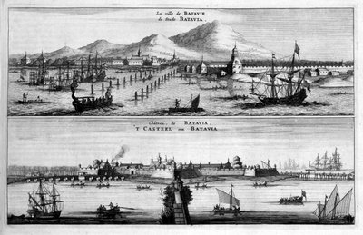 Ansichten der Stadt, des Hafens und der Burg von Batavia - in "Botschaft der Östlichen Gesellschaft der Vereinigten Provinzen an den Kaiser von China oder Großkhan von Tartaria" von Pierre de Goyer und Jacob de Keyser, Leiden von Jacob van Meurs