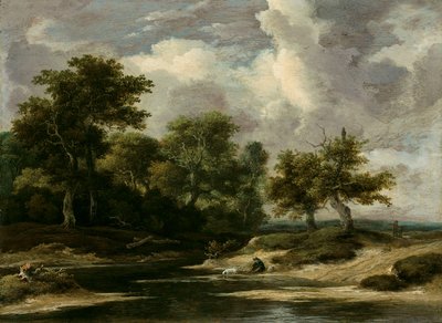 Eine bewaldete Flusslandschaft mit einem Reisenden und einem Hund von Jacob van Ruisdael
