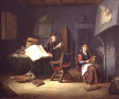 Innenraum mit einem Gelehrten und einer alten Frau beim Spinnen von Jacob van Spreeuwen