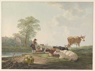 Bauern bei ruhendem Vieh in einer holländischen Landschaft von Jacob van Strij