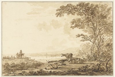 Flusslandschaft mit ruhendem Vieh von Jacob van Strij