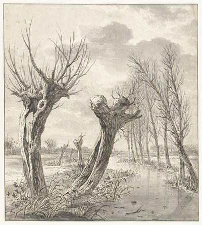 Winterlandschaft mit Kopfweiden entlang eines gefrorenen Grabens von Jacob van Strij