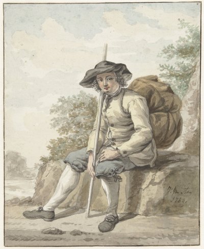 Sitzender Mann mit einem Rucksack und einem Stock von Jacob van Strij