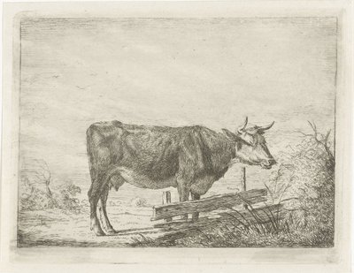 Kuh, stehend bei einem Zaun von Jacobus Cornelis Gaal