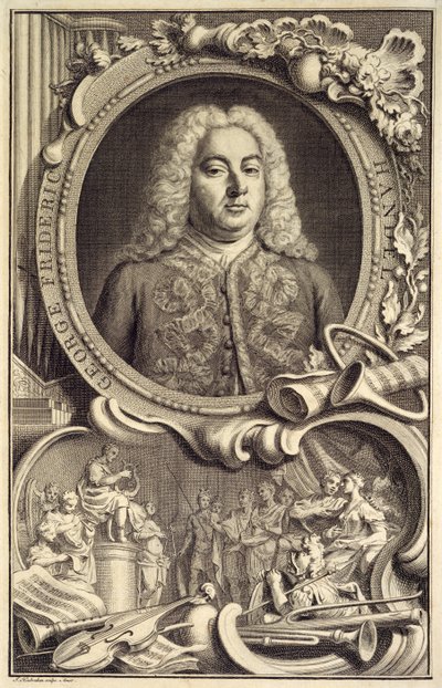 Porträt von G.F. Händel, beschriftet mit dem Titel 