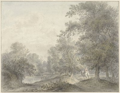 Waldlandschaft mit Reiter und Teich von Jacobus Versteegen