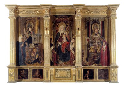 Der Altaraufsatz des Heiligen Ildefonso (gestorben 667, Bischof von Toledo) und des Heiligen Augustinus von Hippo (ca. 354-430, Berberphilosoph und Schriftsteller). Gemälde von Jaume Baco genannt Jacomart (1410-1461). Öl auf Holz, um 1450, Renaissancekunst von Jacomart (c.1413 61) Baco