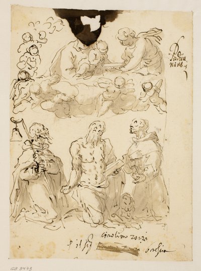 Die Heiligen Antonius, Hieronymus und Bernhard kniend, mit der Jungfrau und dem Jesuskind, umgeben von Engelkindern von Jacopo Palma