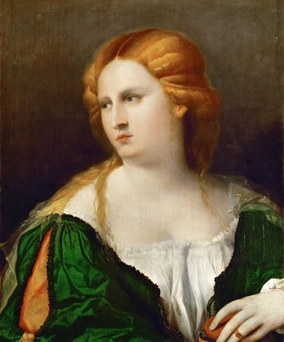 Junge Frau in einem grünen Kleid, eine Schachtel in der Hand, ca. 1514 von Jacopo Palma il Vecchio the Elder