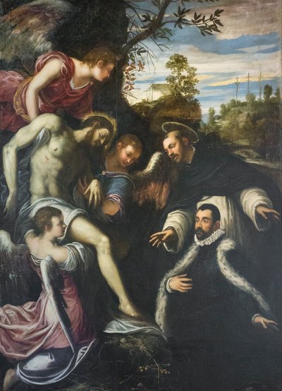 Toter Christus, unterstützt von drei Engeln, St. Dominikus und Spender von Jacopo Robusti Tintoretto