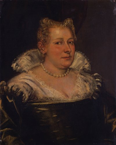 Porträt einer Dame, Büste in einem grünen Kleid mit weißem Kragen von Jacopo Robusti Tintoretto