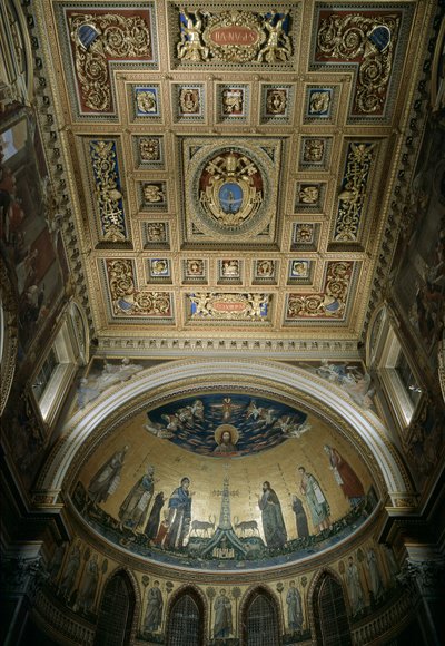 Innenansicht der Apsis der Basilika St. Johannes im Lateran (San Giovanni in Laterano). Mosaik von Jacopo Torriti (aktiv um 1291-14. Jahrhundert) und Jacopo da Camerino (aktiv um 1288-1331), das Jerusalem Celeste darstellt. Rom von Jacopo Torriti