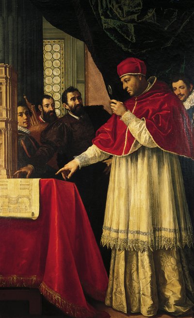 Michelangelo präsentiert Modelle für die Fassade von San Lorenzo, die Laurentianische Bibliothek und die Medici-Gräber Papst Leo X. und Kardinal Giulio de Medici von Jacopo da Empoli (and workshop)