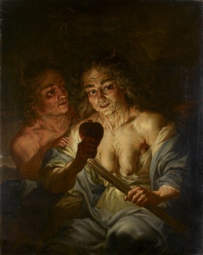 Eine alte Frau, die ein Herz hält: Neid von Jacque de l Ange