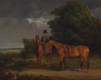 Ein Stallbursche auf einem Kastanienbraunen Jäger, er hält einen Braunen Jäger an den Zügeln von Jacques-Laurent Agasse