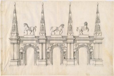 Ein Triumphbogen mit geschmückten Pferden und verzierten Spitzen von Jacques Androuet Ducerceau I