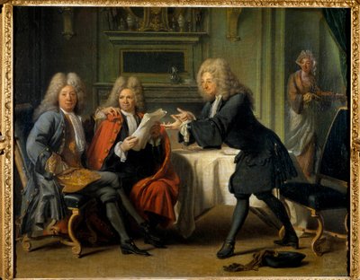 Das Haus von Auteuil, wo Bernard Le Bouyer (Le Bovier) de Fontenelle (1657-1757), französischer Schriftsteller, La Motte, Saurin und Madame de Alexandrine Claudine Guerin, Marquise de Tencin Schokolade bringen von Jacques Autreau