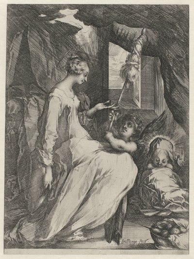 Die Jungfrau Maria spinnt mit dem Christkind und einem Engel von Jacques Bellange