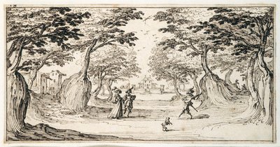 Ein feiner Herr und eine Dame tanzen im Wald zu einer Laute, ein Schloss in der Ferne von Jacques Callot
