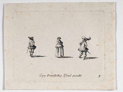 Eine Dame mit verschränkten Armen und zwei Kavaliere (Gravur) von Jacques Callot