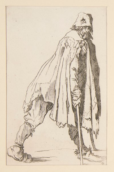 Bettler mit Mütze und Krücken, aus Die Bettler von Jacques Callot