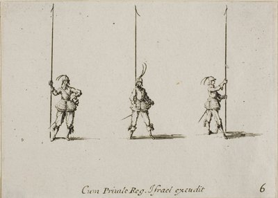 Übung mit erhobenem Spieß, Tafel sechs aus Die militärischen Übungen von Jacques Callot