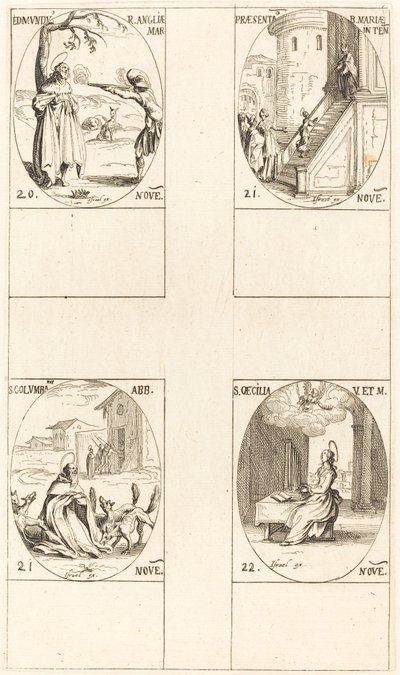 Edmund, König von England, Märtyrer, Darstellung der Jungfrau, St. Kolumba, St. Cäcilia von Jacques Callot