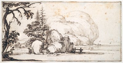 Fantastische Felsen an der Küste, Gebäude am Ufer von Jacques Callot