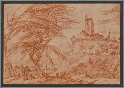 Landschaft, rechts auf einem Hügel ein großer Turm, links eine Baumpartie und einige Figuren von Jacques Callot