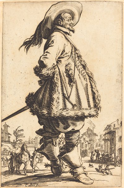 Edelmann mit Pelzbesetztem Mantel, der seine Hände hinter dem Rücken hält von Jacques Callot