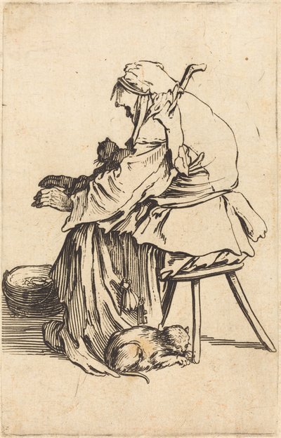 Alte Frau mit Katzen von Jacques Callot