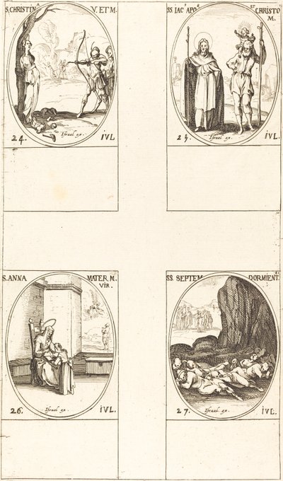 Die heilige Christina; der heilige Jakobus, Apostel, und der heilige Christophorus; die heilige Anna; die sieben Schläfer von E von Jacques Callot