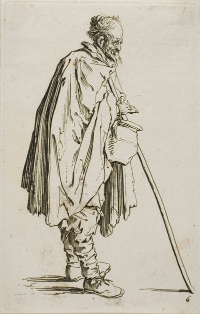 Der Bettler mit einem Fußwärmer, Platte sechs aus Die Bettler von Jacques Callot