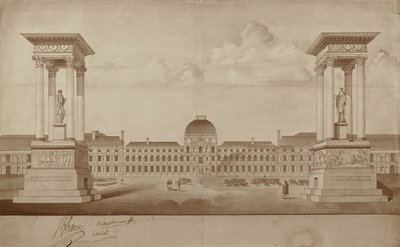 Plan für die Denkmäler zur Erinnerung an den 14. Juli und den 10. August, die am Place du Carrousel aufgestellt werden sollen (Feder & Tinte auf Papier) von Jacques Delannoy