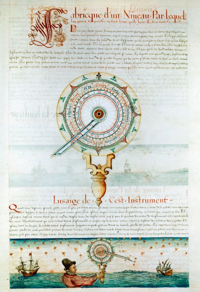 Navigationsinstrumente: Navigator mit einem Astrolabium. Seite aus „Les Premieres Works de Jacques Devaulx Pilot en la Marine“ von Jacques de Vaulx von Jacques Devaulx