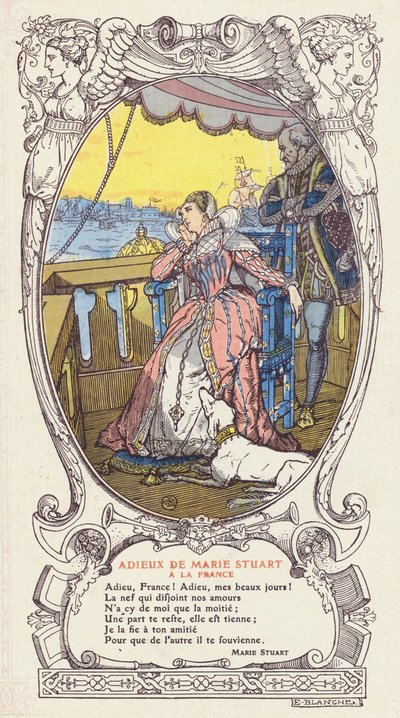 Maria Stuart nimmt Abschied von Frankreich und kehrt nach Schottland zurück nach dem Tod ihres Mannes, König Franz II. von Frankreich von Jacques Emile (after) Blanche