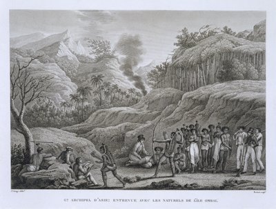 Großes Asiatisches Archipel: Französische Entdecker mit Einheimischen auf der Insel Ombai, aus Voyage Autour du Monde (1817-20), von Louis Claude Desaulses de Freycinet (1779-1842), graviert von Bovinet, veröffentlicht von Jacques Etienne Victor Arago