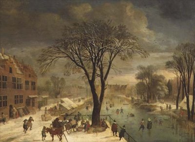 Winterszene mit Schlittschuhläufern auf einem zugefrorenen Fluss von Jacques Fouquieres