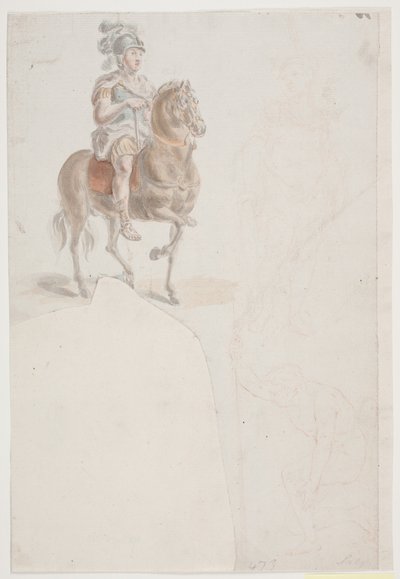 Reiter in römischer Tracht mit federgeschmücktem Helm. Außerdem zwei schwache Rötelzeichnungen von stehenden und halb knienden Männern. von Jacques Francois Joseph Saly