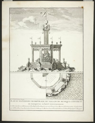 Plan und Aufriss eines Musikzimmers, Platte drei aus Beschreibung der Feste Gegeben von der Stadt Paris von Jacques François Blondel