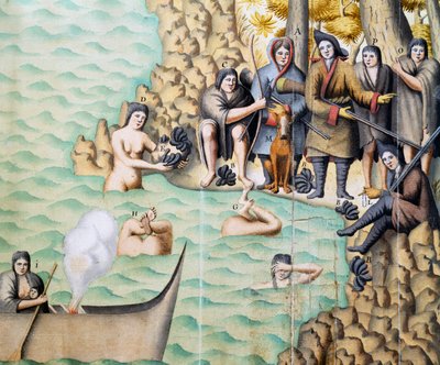 Einheimische Frauen fangen Muscheln in der Magellanstraße, Aquarell von Duplessis während der Reise von Jacques Gouin de Beauchesne (1652-1730) in Patagonien zwischen 1698 und 1701, Argentinien von Jacques Gouin de Beauchesne