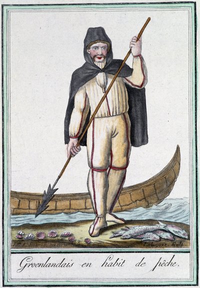 Grönländer in Fischertracht - in „Enzyklopädie der Reisen“ von Grasset Saint Sauveur, ed. Paris 1796 von Jacques Grasset de Saint Sauveur