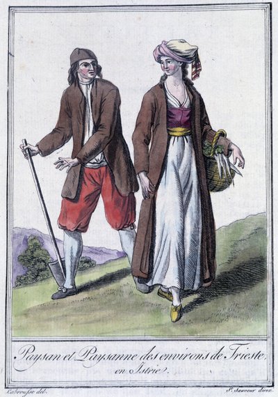 Bauer und Bäuerin von Triest, Italien - in „Encyclopedia of Travels“ von Grasset St Sauveur, Paris von Jacques Grasset de Saint Sauveur
